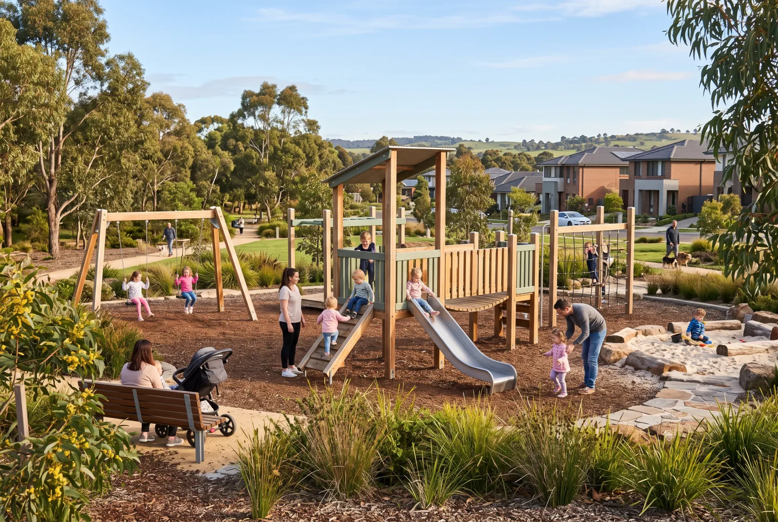 Community playground with families in an open park